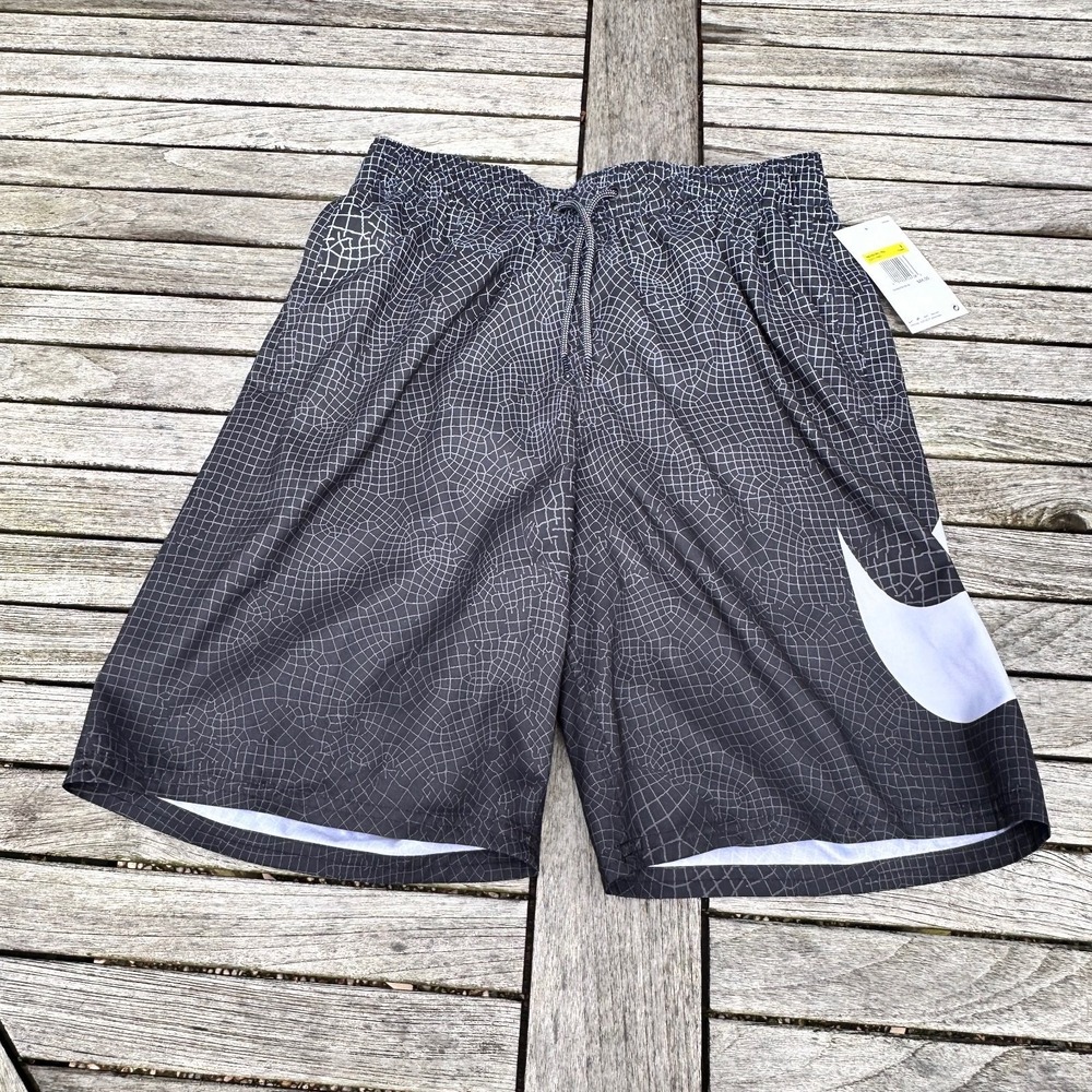 Nike 9" Grid Swoosh Volley Swim Shorts Trunks Black Drawstring Mens Small